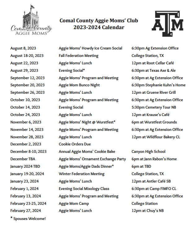 SCHEDULE OF CLUB EVENTS – Comal County Aggie Moms' Club